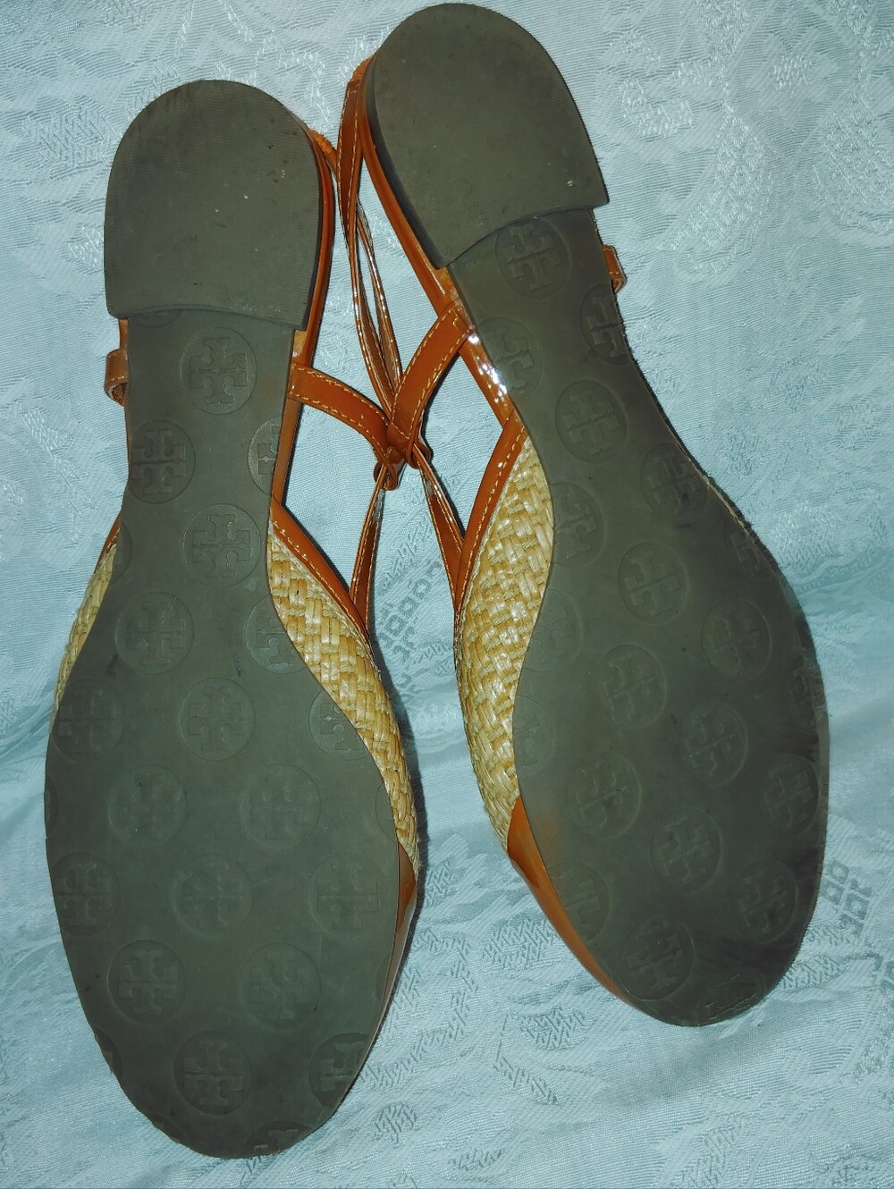 Tory Burch Raffia Patent Leather Logo Flat Slingbacks Orange Sz 8 M - Picture 8 of 8